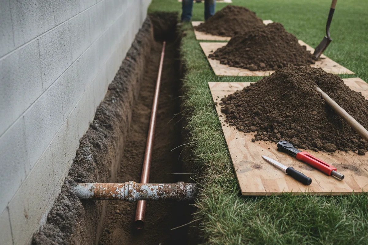 Excavated water line trench during Water Heater Repair in Sweetwater
